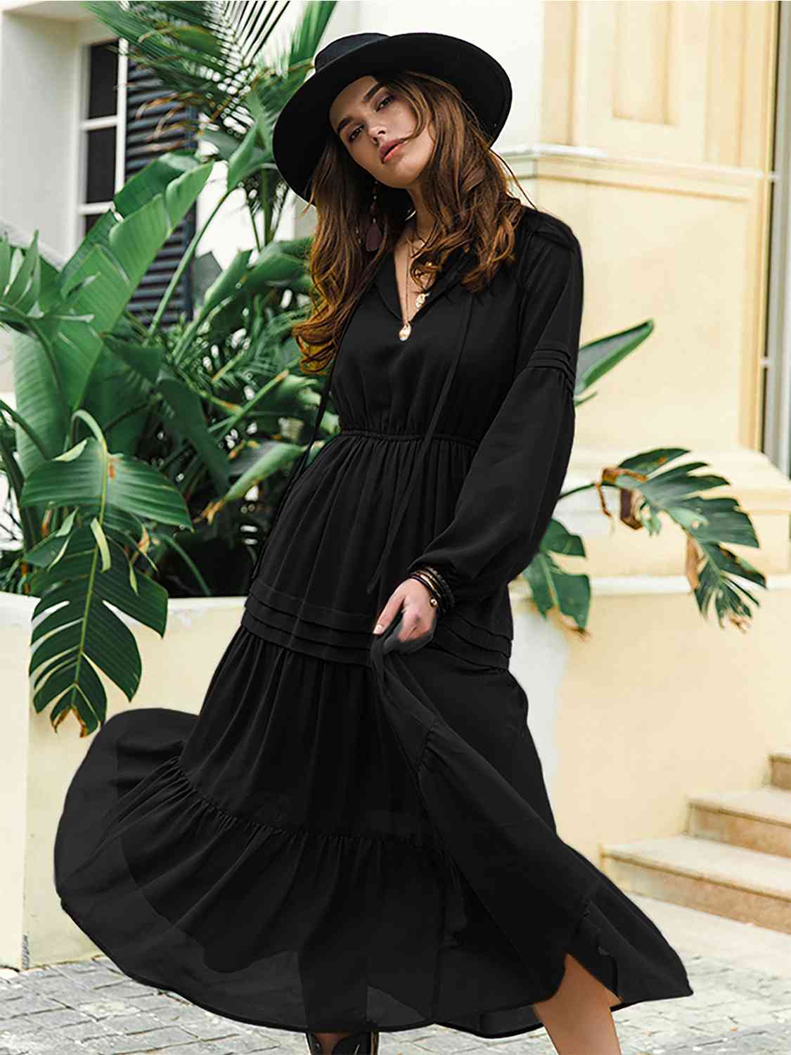 Ruffled V-Neck Long Sleeve Dress