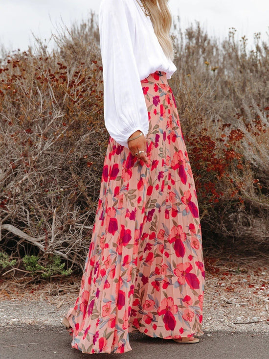 Strawberry Floral Print Elastic Waist Pleated Maxi Skirt