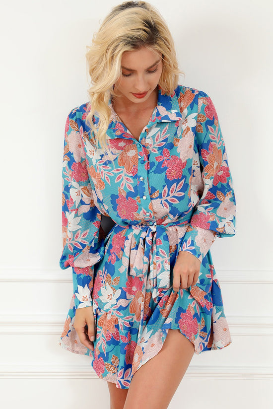 Sky Blue Floral Tie Waist Ruffled Hem Mini Dress