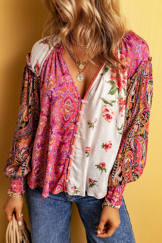 Plus Size - Frill Printed V-Neck Long Sleeve Blouse