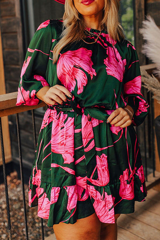 Plus Size Green Printed Lantern Sleeve Ruffle Hem Dress