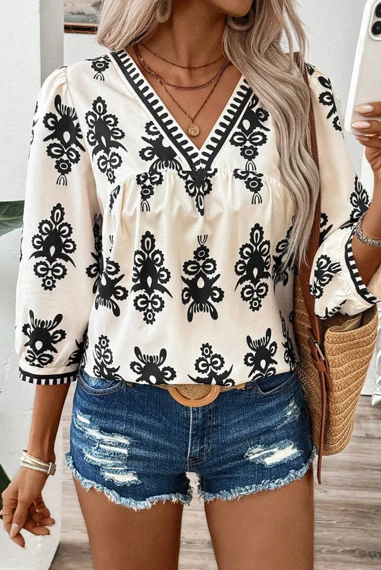 Ivory Printed Three-Quarter Sleeve Blouse