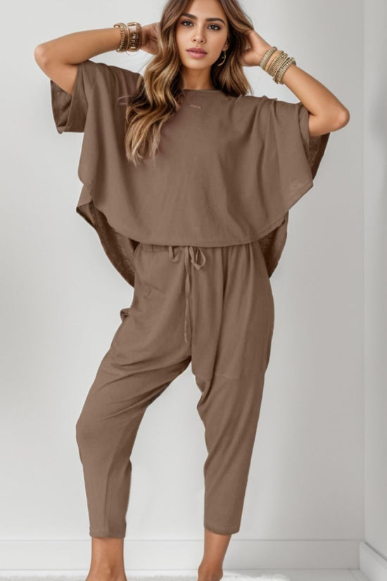 Taupe  Dropped Shoulder Top and Pants Set