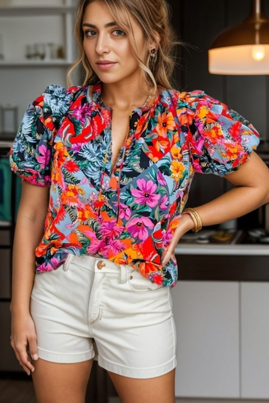 Floral Ruffled Printed Tie Neck Short Sleeve Blouse
