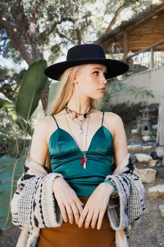 Women  Wearing Satin-Spaghetti -Top- Bralette. Variety of colors. 