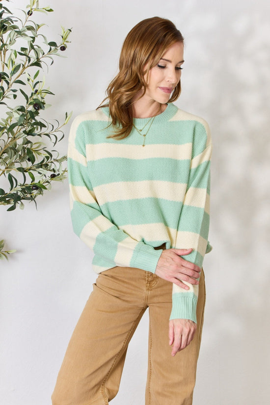 Full Size Sage - Ivory Contrast Striped Round Neck Sweater