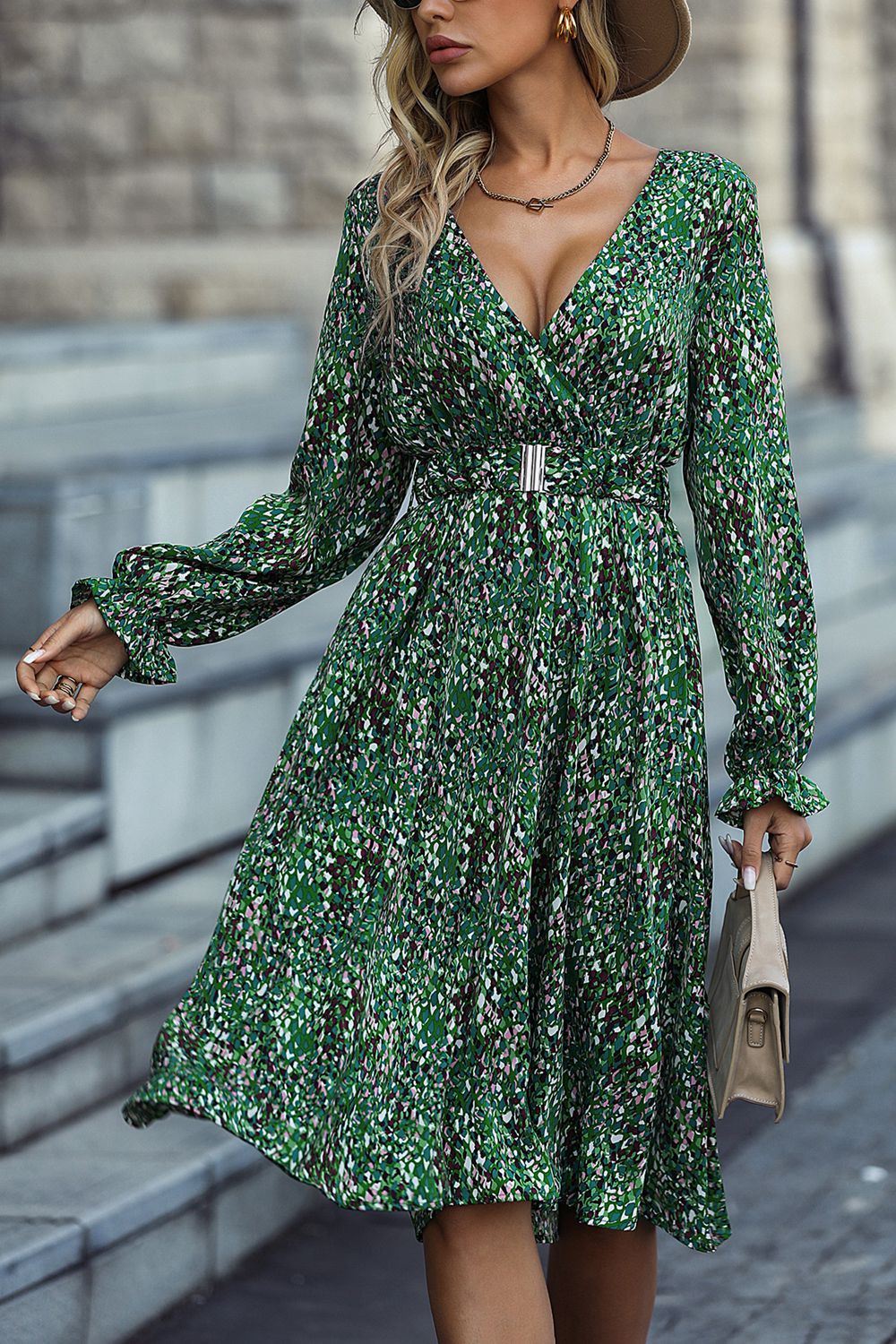 woman wearing a dressy Surplice- green -white-black -pattern -Neck -Dress