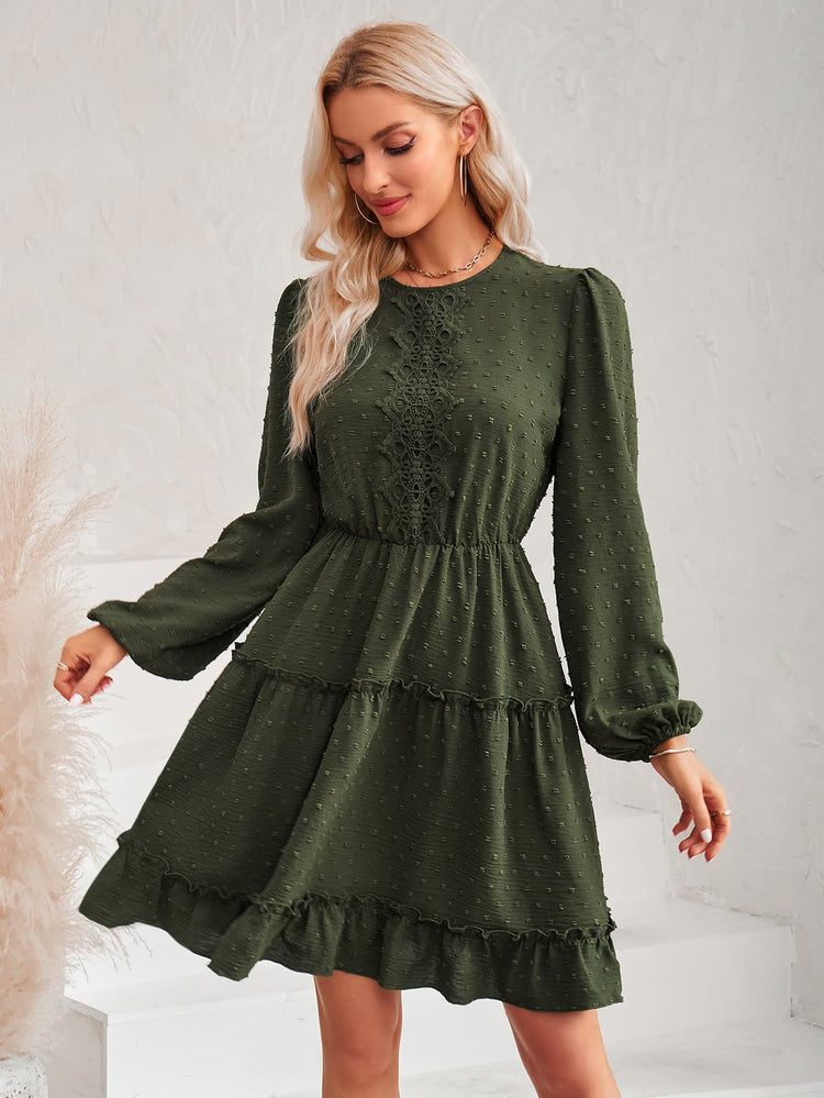 Swiss Dot Lace Trim Balloon Sleeve Dress