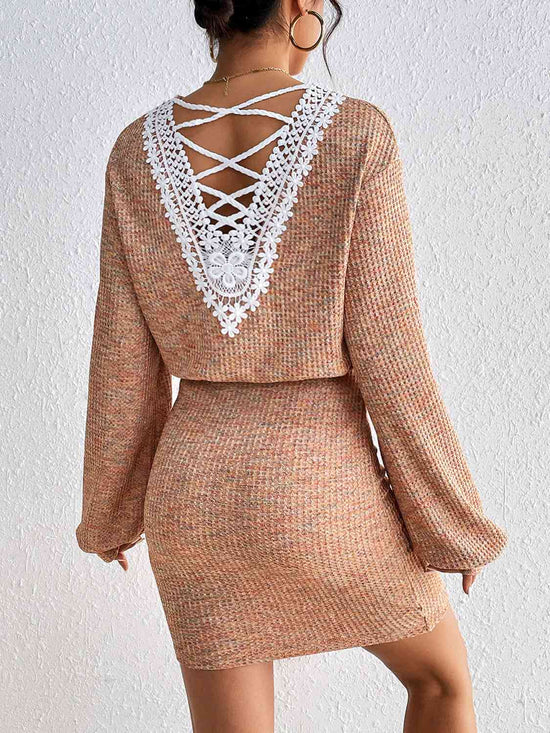 Tan Lace Detail V-Neck Mini Dress