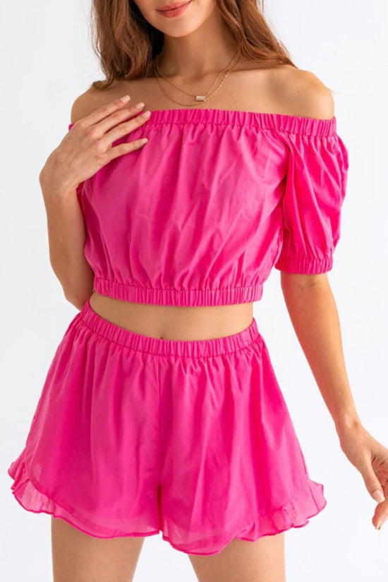 Pink Crop Top and Ruffled Shorts Set