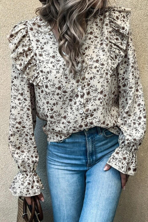 Taupe Floral Ruffled Flounce Sleeve Blouse