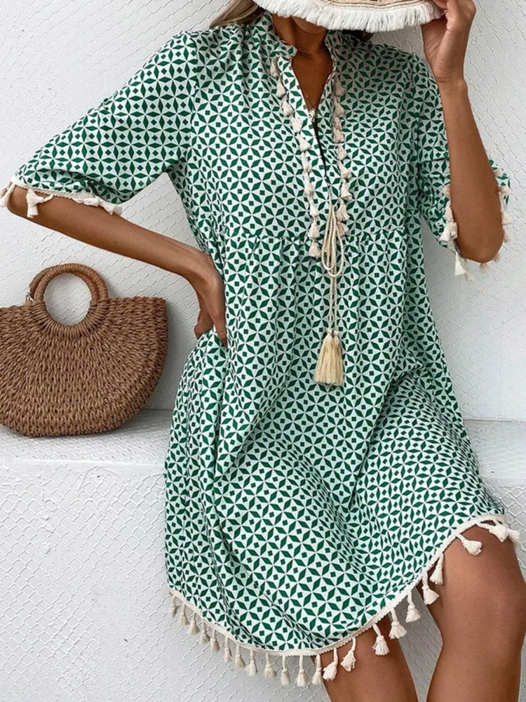 Teal Tassel Printed Notched Half Sleeve Mini Dress