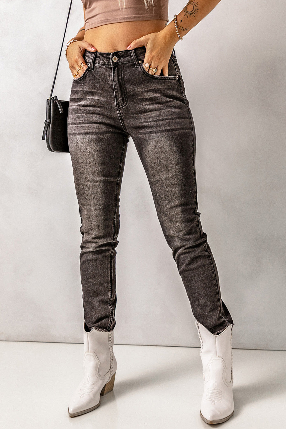 Woman waring -Black- Charcoal - Moody -High -Waist -Raw -Hem -Skinny -Jeans