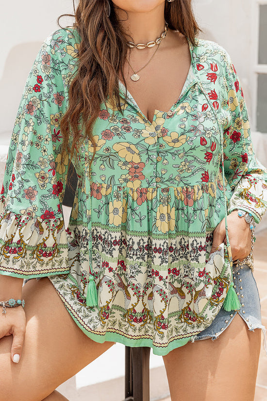 Woman wearing a gum leaf-Plus -Size -Boho- Floral -Tassel -Blouse