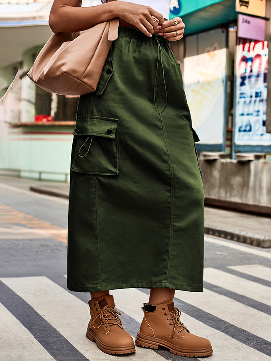 Women wearing an army green Women-Be -Free -Drawstring -Waist -Slit -Denim -Skirt