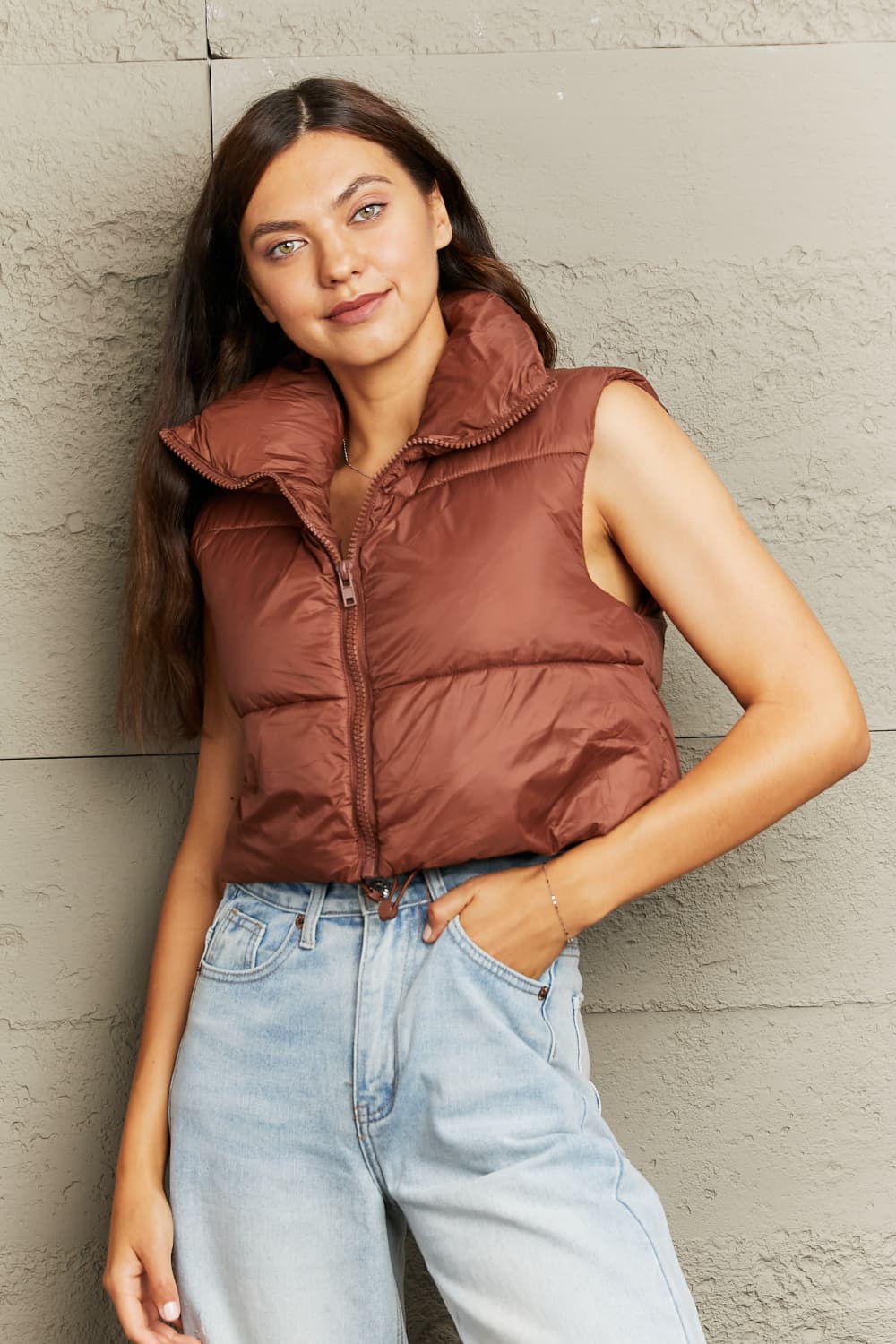 Women wearing a chesnut- Fall - Winter- Zip-Up -Drawstring- Puffer -Vest -sleeveless Jacket