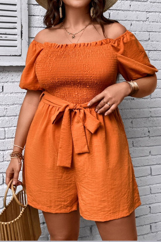 Women  wearing -Plus- Size- Orange- Smocked -Tie -Belt -Romper