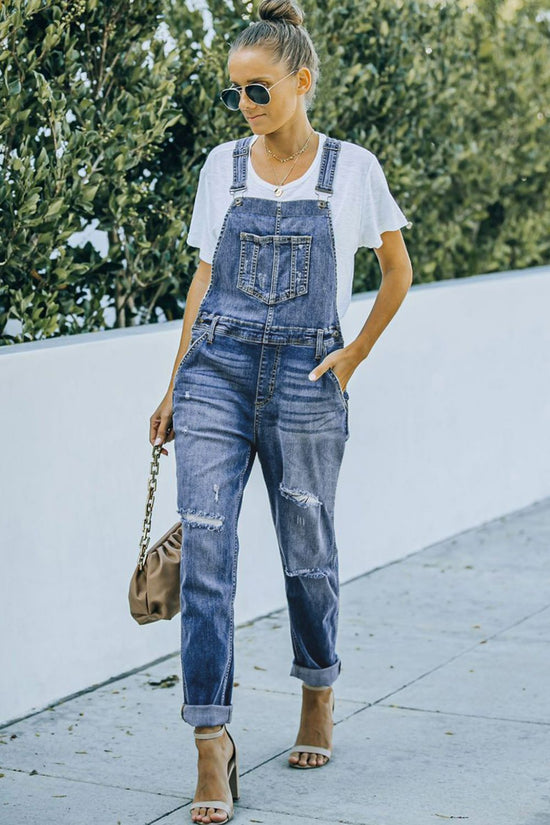 Woman wearing Women -Pocketed -Distressed -Denim -Overalls