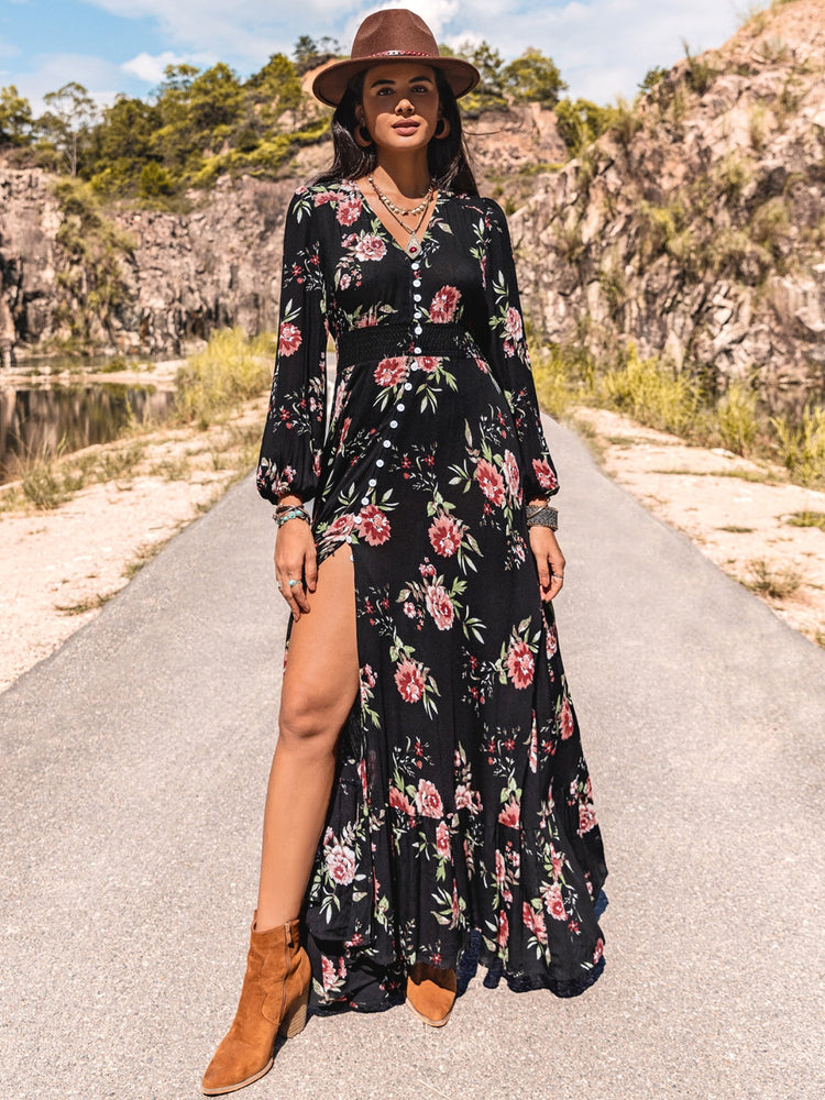 Womens Black -Floral- V-Neck -Split -Maxi -Dress