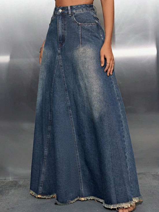 Dark Raw Hem High Waist Denim Skirt with Pockets