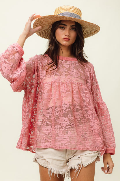 Mauve Floral Lace Long Sleeve Top