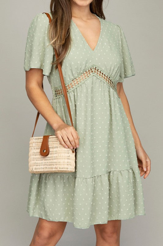 Sage Trendy V Neck Dress With Lace Trim