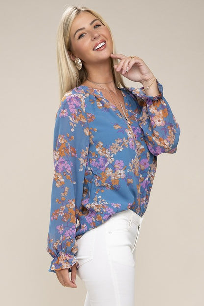 Lively Floral Teal Blue Chiffon Blouse