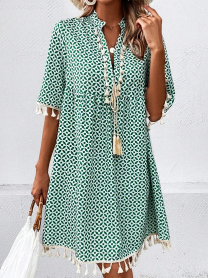 Teal Tassel Printed Notched Half Sleeve Mini Dress