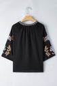 Embroidered V-Neck Three-Quarter Sleeve Blouse