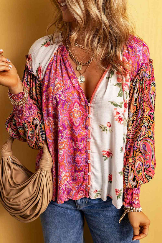 patterned floral Notched Neck Flow Boho Lantern Sleeve Blouse