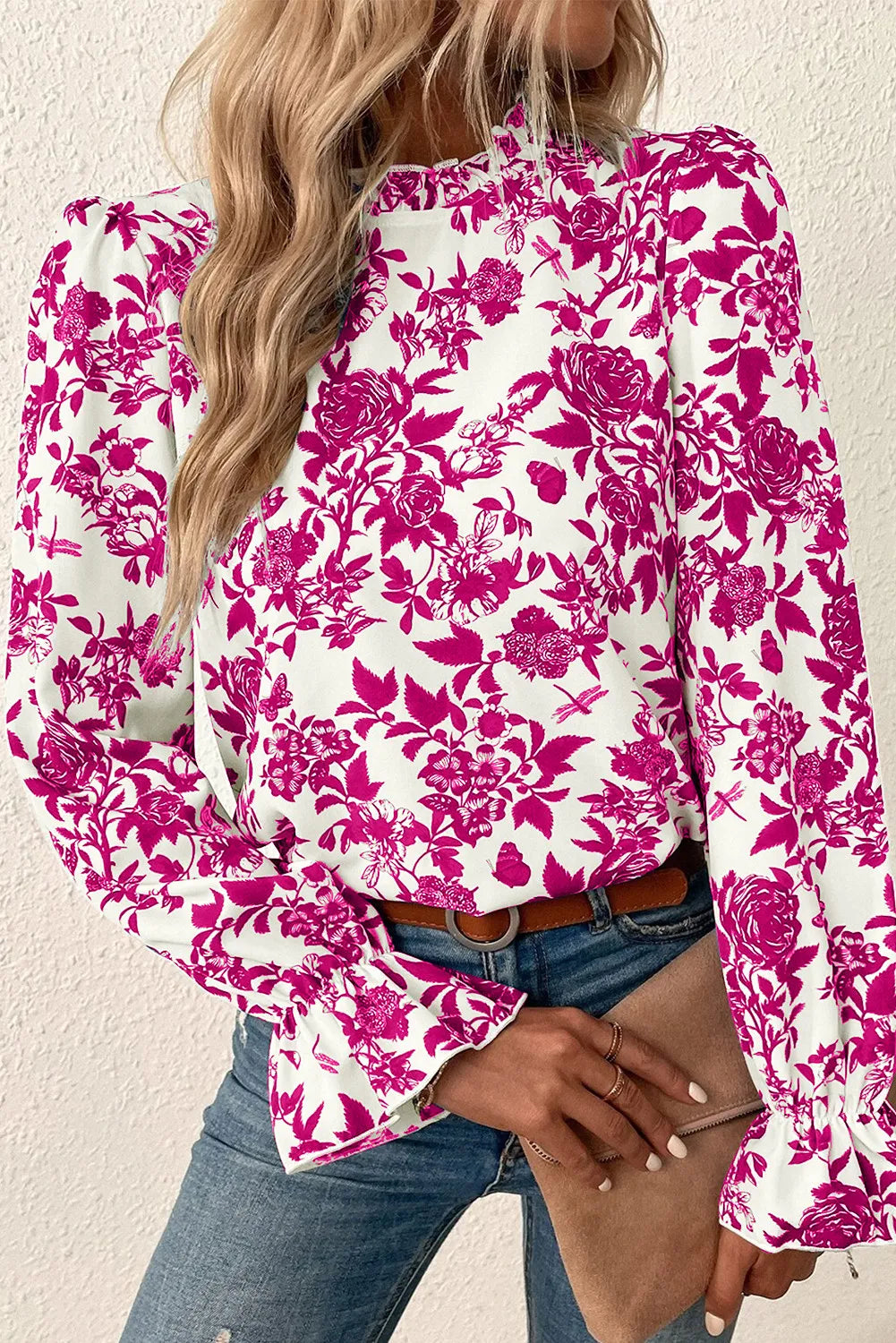 pinkPrinted Mock Neck Flounce Sleeve Blouse