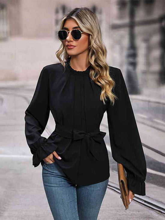 women wearing Black Round Neck Tie Waist Long Sleeve Blouse