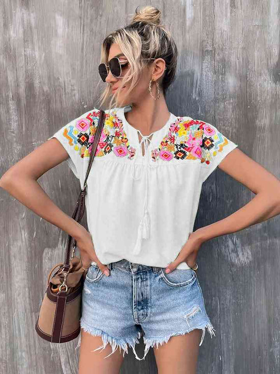 white Floral Folk Printed Short Sleeve Blouse