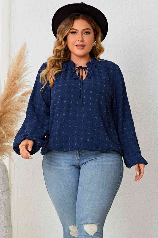 women wearing a Plus Size Navy Tie Neck Balloon Sleeve Blouse