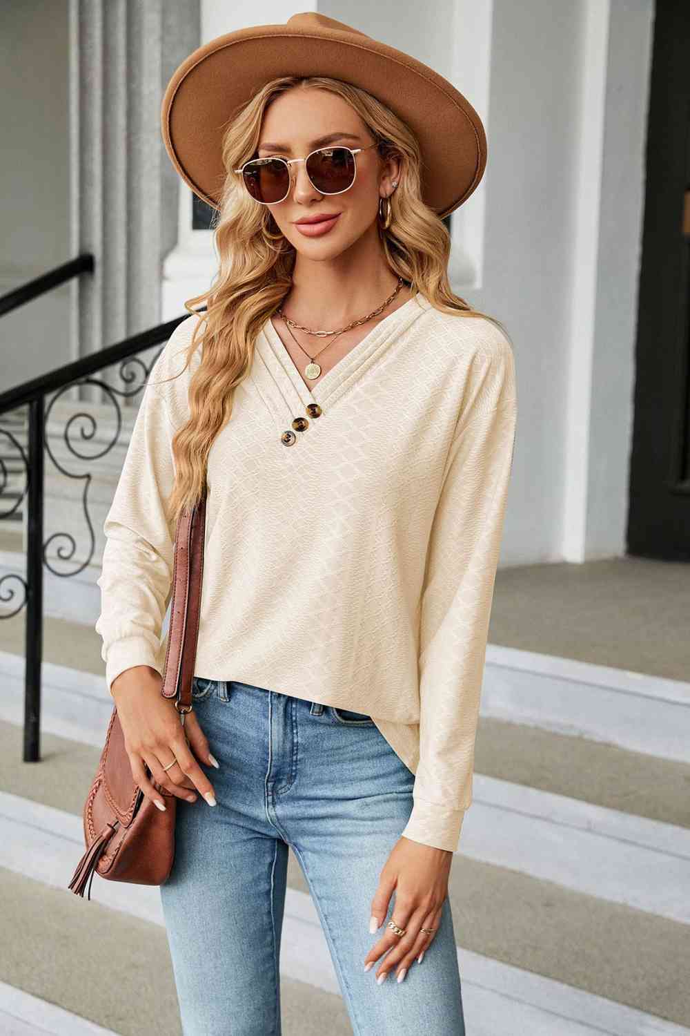 woman wearing Unique Style V-Neck Long Sleeve Blouse