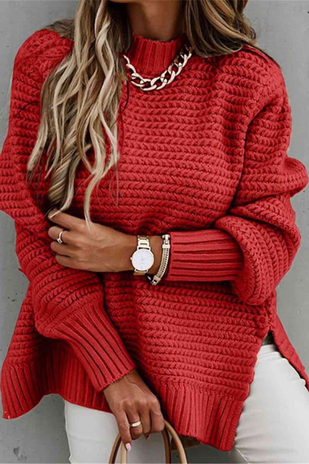 womens deep red Riding -Round- Neck -Slit -winter- fall- Sweater