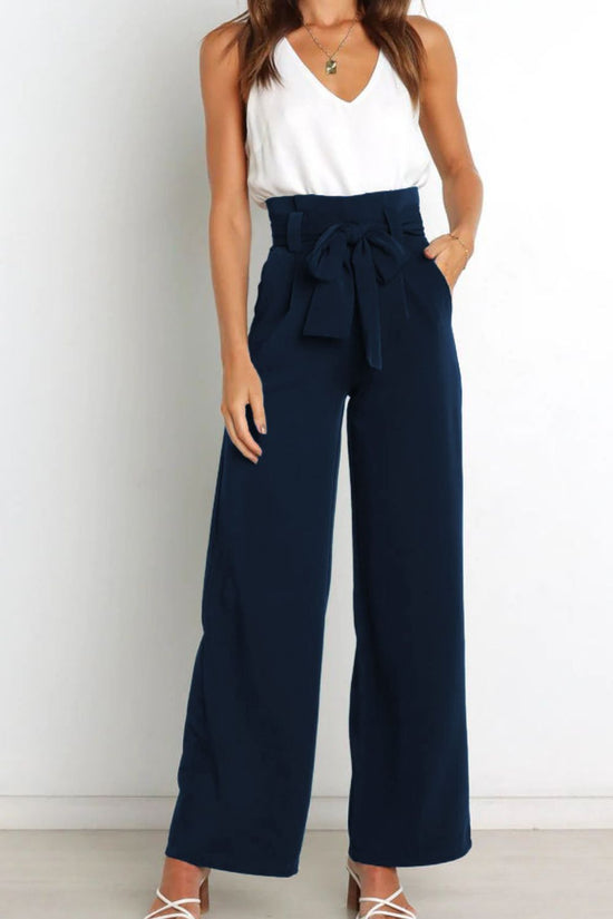 women wearing navy Tie Front Paperbag Wide Leg Pants