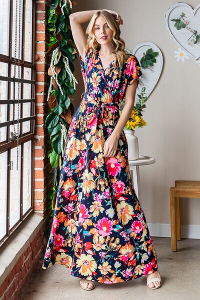 Floral Navy Multi-Color lice Tie Waist Maxi Dress -Full Size