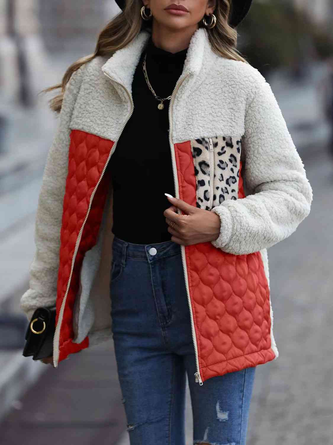 women wearing a red orange Leopard Color Block Zip-Up Jacket