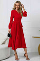 Classy Tie Waist V-Neck Long Sleeve Midi Dress