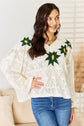 Embroidered Creme Floral Pattern V-Neck Sweater