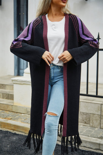 Geometric Fringe Hem Duster Cardigan