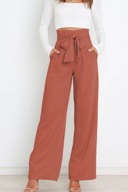 women wearing brick orange Tie Front Paperbag Wide Leg Pants