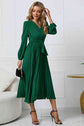 Classy Tie Waist V-Neck Long Sleeve Midi Dress