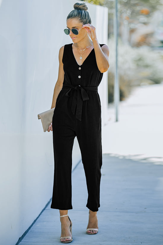 Tie Waist Sleeveless V-Neck Jumpsuit