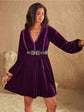 Plum Ruffled V-Neck Long Sleeve Dress