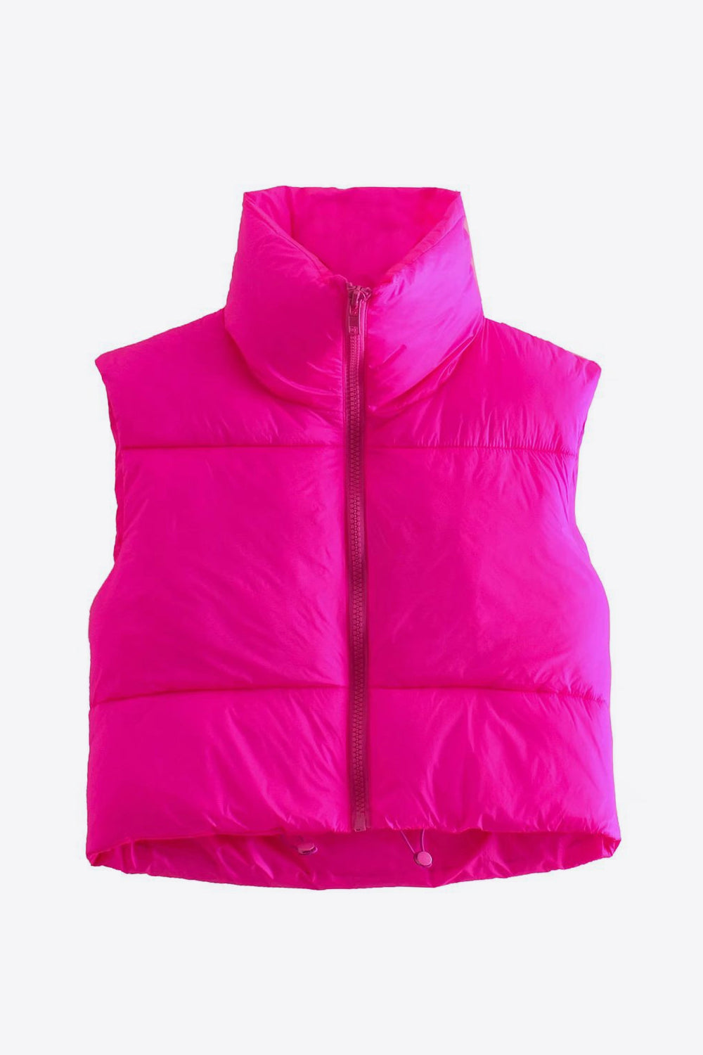 Women wearing a hot pink- Fall - Winter- Zip-Up -Drawstring- Puffer -Vest -sleeveless Jacket