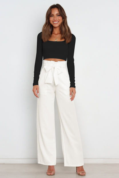 women wearing white Tie Front Paperbag Wide Leg Pants