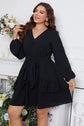 Plus Size Black Swiss Dot Tie Waist V-Neck Dress