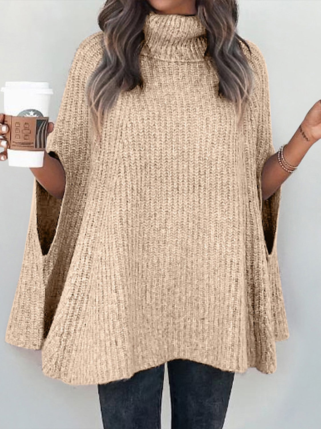 woman wearing a tan Turtleneck Dolman Sleeve Poncho